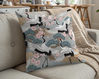 Japanese Crane Pillow: Floral Asian Decor Throw Cushion