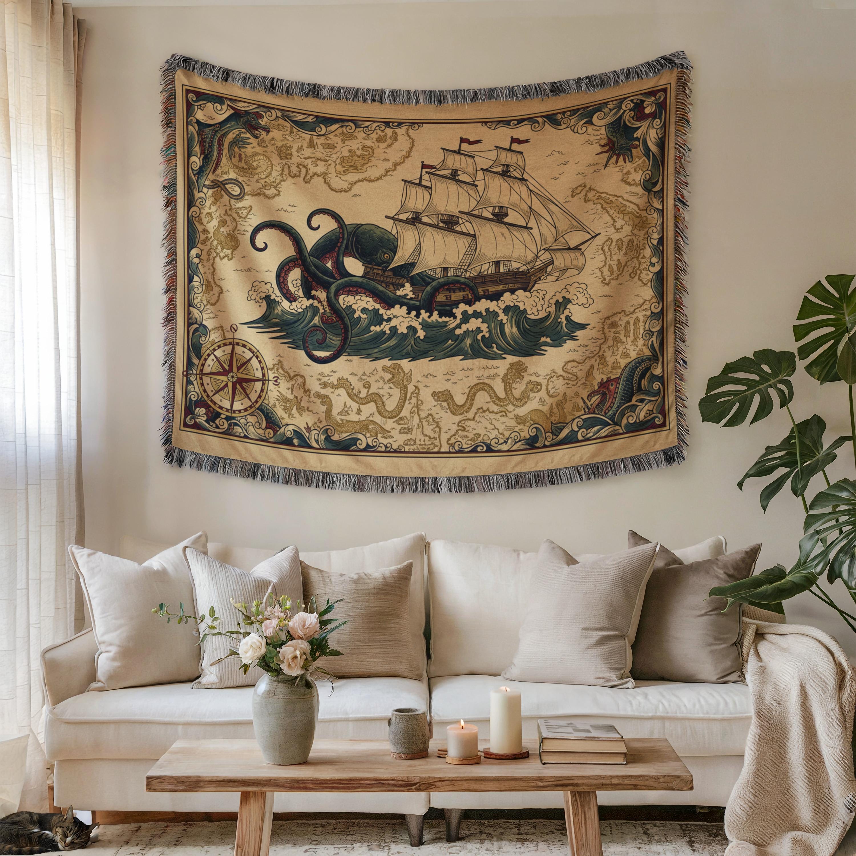 Kraken Ship Woven Blanket, Nautical Tapestry, Pirate Decor - Etsy