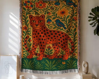 Leopard & Floral Cotton Woven Blanket: Boho Throw Tapestry