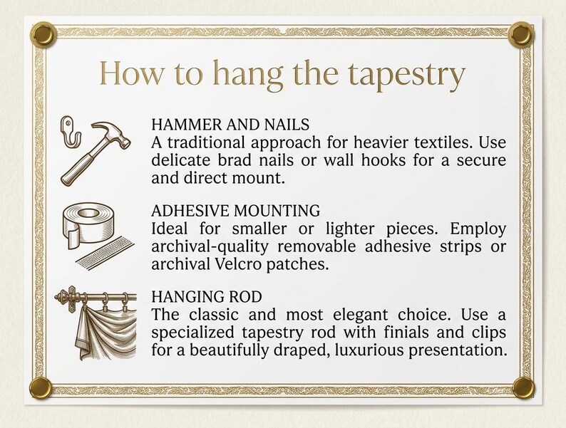 Puede incluir: Un letrero decorativo con el texto "How to hang the tapestry" e ilustraciones de diferentes m&eacute;todos para colgar. El letrero incluye instrucciones para usar clavos, tiras adhesivas y una barra para colgar.