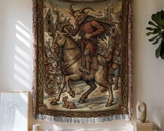Krampus Woven Blanket | Gothic Folklore Tapestry Wall Hanging | Dark Christmas Monster Cotton Throw