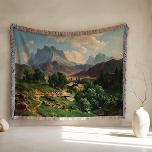 Woven Mountain Landscape Blanket: 19th Century Rustic Tapestry