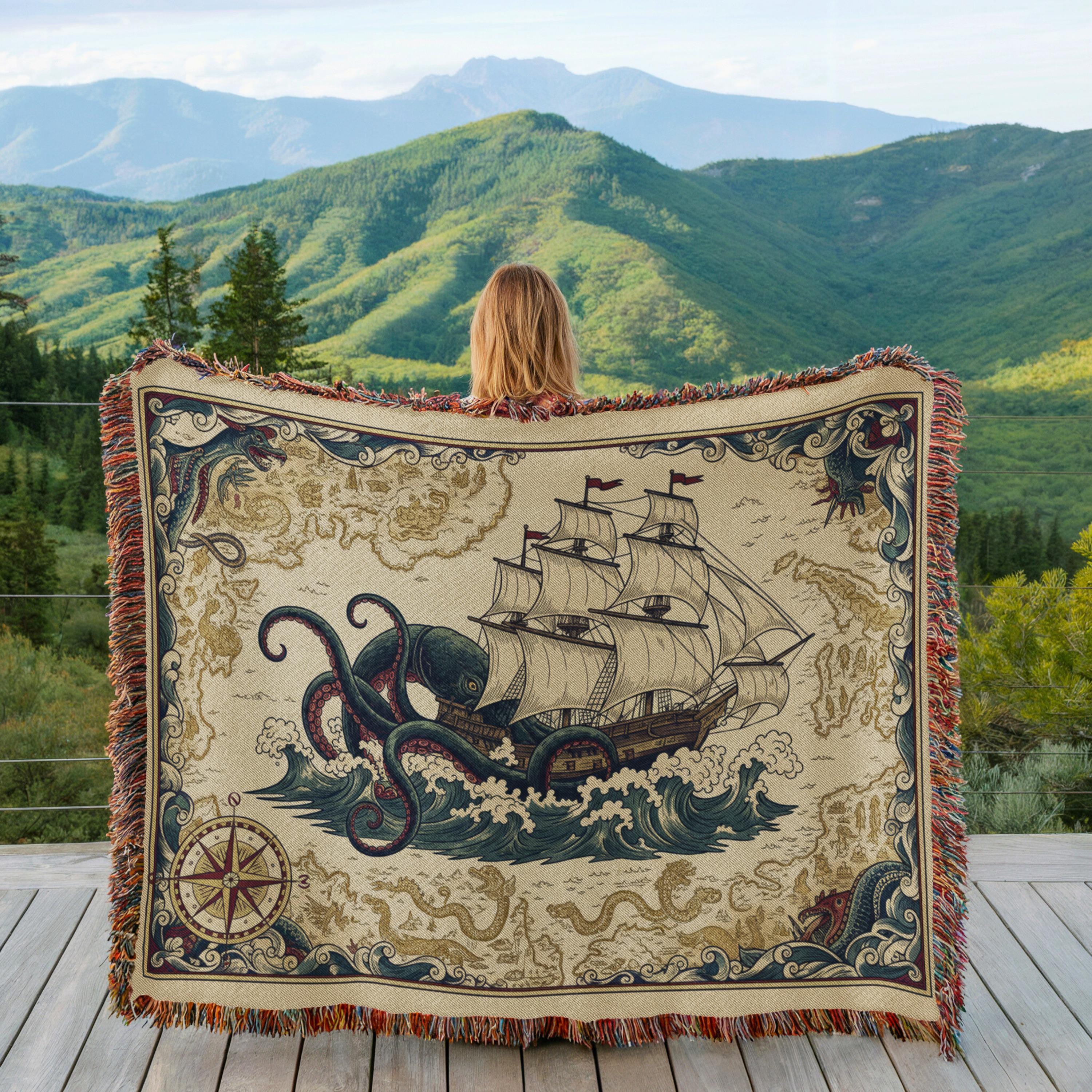 Kraken Ship Woven Blanket, Nautical Tapestry, Pirate Decor - Etsy