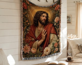 Jesus Christian Woven Blanket: Religious Tapestry Wall Hanging