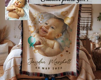 Custom Cotton Baby Woven Blanket, Newborn Custom Photo Throw Blanket, Baby Name Shower Gift Ideas, Personalized New Mom Gifts, Newborn Gifts