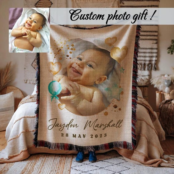 Custom Cotton Baby Woven Blanket, Newborn Custom Photo Throw