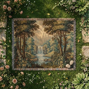 May include: A rectangular tapestry featuring a scenic landscape with a waterfall, trees, and a castle in the distance. The tapestry has a fringed edge and is set on a bed of green grass, surrounded by flowers and stone pathways.