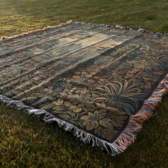 Castle Tapestry Woven Blanket: Medieval Forest Scene, Cotton Throw