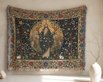 Jesus Woven Blanket, Floral Christian Tapestry, Easter Decor