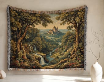 Castle Woven Blanket, Verdure Tapestry, Enchanted Forest Cotton Woven Blanket, Forestcore Horizontal  Tapestry, Enchanted Forest Blanket