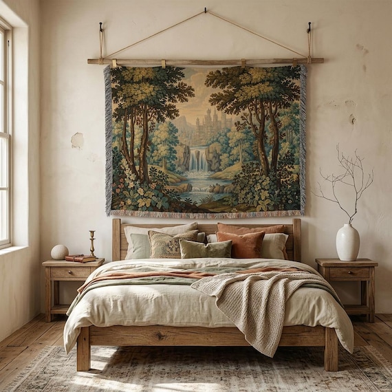 Enchanted Forest Tapestry: Castle Waterfall Woven Cotton Blanket , Medieval Wall Hanging