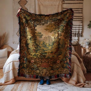 Vintage Tapestry Throw Blanket, Medieval Castle Design, Forest Landscape Art, Bohemian Home Decor, Cozy Living Room Accent