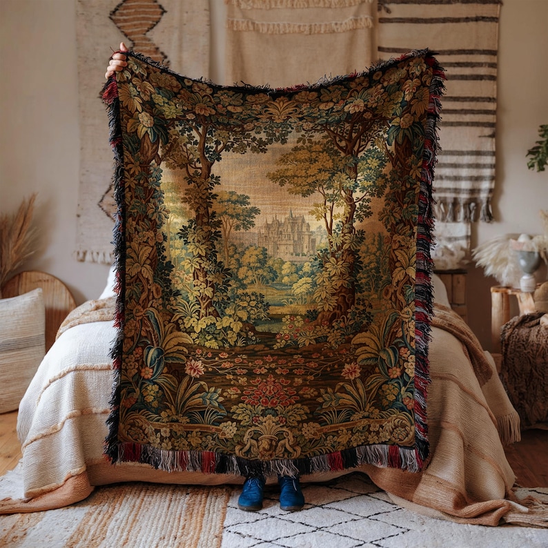 Vintage Tapestry Throw Blanket, Medieval Castle Design, Forest Landscape Art, Bohemian Home Decor, Cozy Living Room Accent
