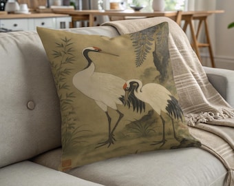 Japanese Crane Pillow: Oriental Art Throw Cushion, Nature Lover Gift