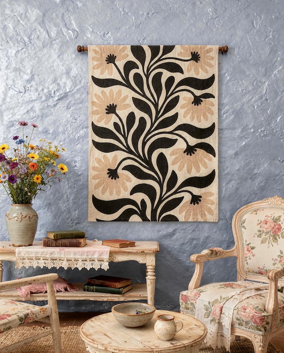 Floral Woven Tapestry: Retro Beige Flower Wall Art