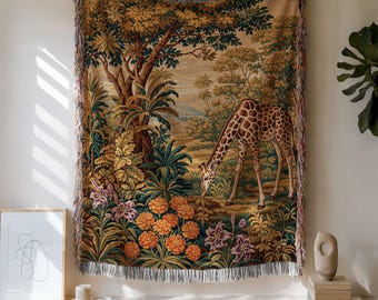 Coperta in cotone intrecciato con giraffa: arazzo della giungla con frange