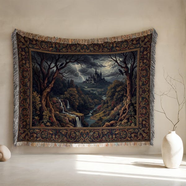 Gothic Schloss gewebte Decke, Dark Academia Wandbehang