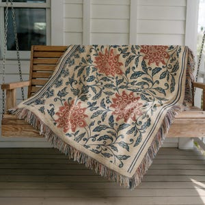 Floral Woven Cotton Blanket: Vintage Botanical Throw, Boho Home Decor