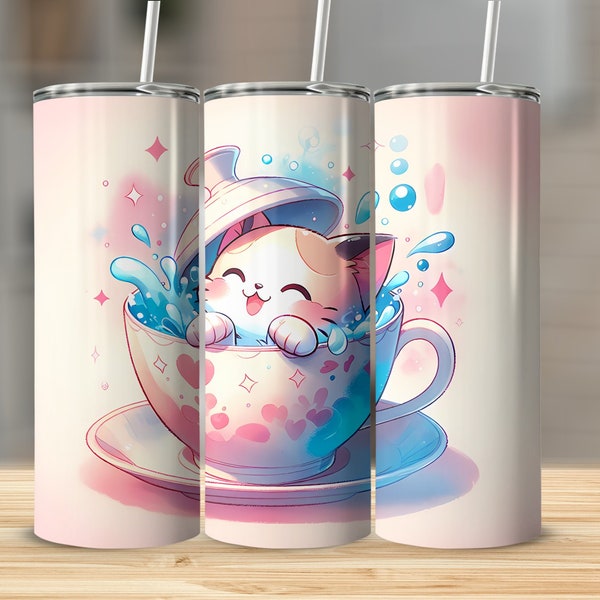 Cute Kawaii Cat Tumbler Wrap Design, Anime Cat 20oz PNG Wrap, Digital Download for Anime Lover Gift, Printable Tumbler Template