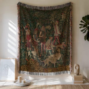 Medieval Tapestry Woven Blanket: Renaissance Hunting Scene, Cotton Throw
