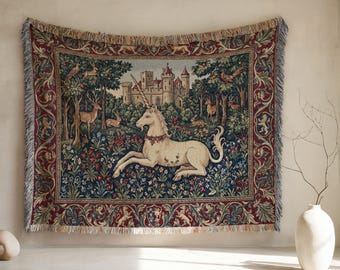 Mittelalterliche Wandteppichdecke mit Einhornmotiv, Jacquard-Decke mit Fantasieschloss-Motiv, 100 % Baumwolle, Heimdekoration