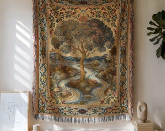 Tree of Life Woven Cotton Blanket: Cottagecore Tapestry Wall Hanging