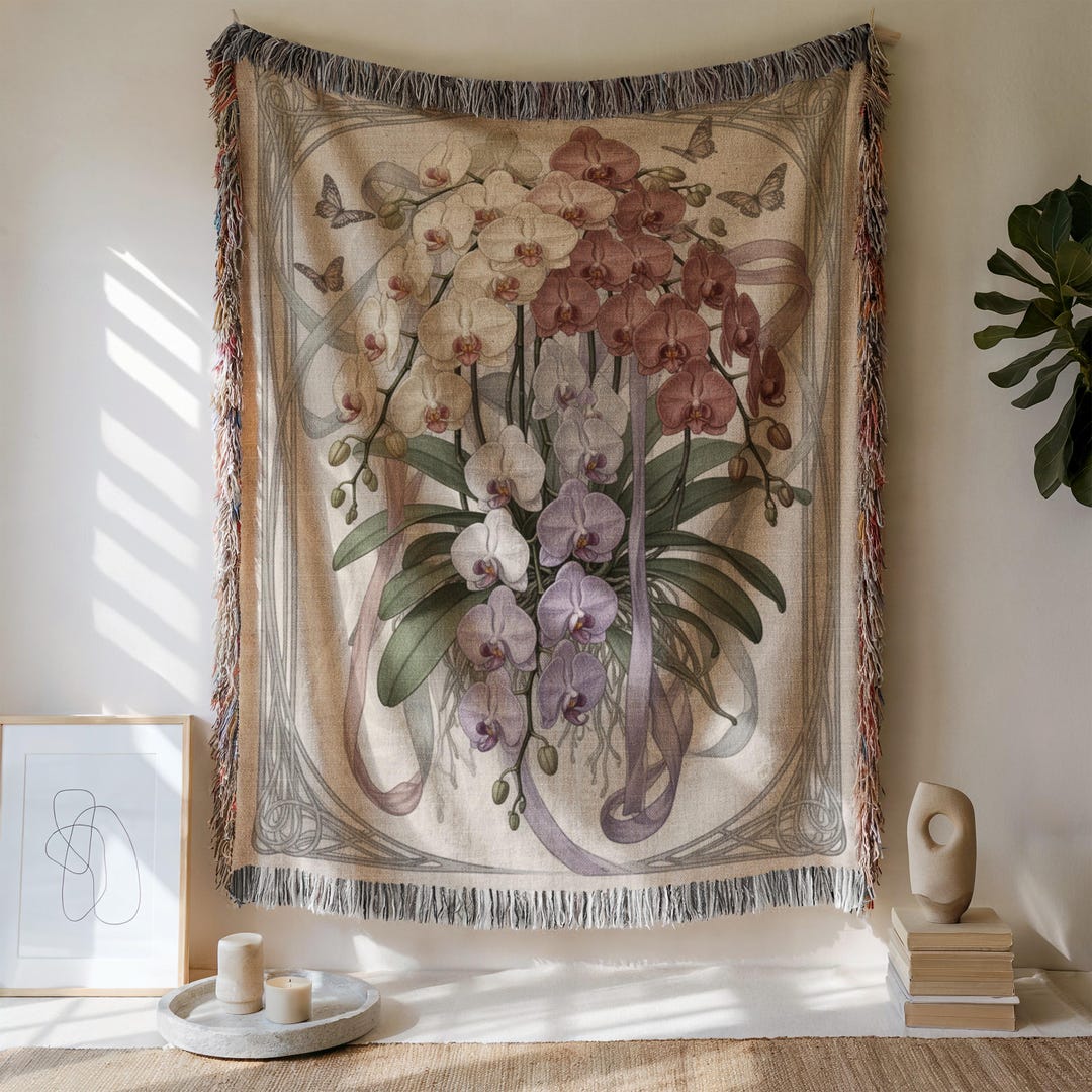 Art Nouveau Throw Blanket, Floral Woven Tapestry, Orchid Wall