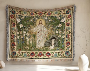 Jesus Christ Woven Blanket, Floral Tapestry, Christian Easter Decor