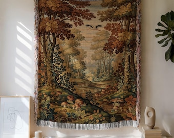 Forest Woven Blanket | Rustic Woodland Tapestry | Cotton Throw Cabin Nature Decor