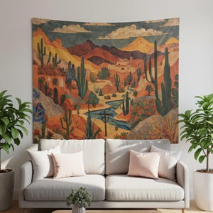 Southwestern Desert Tapestry: Cactus Landscape Wall Hanging