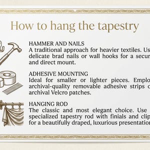 May include: An instructional sign titled How to hang the tapestry with gold border accents. It lists three methods: Hammer and Nails with a hammer icon, Adhesive Mounting with a tape icon, and Hanging Rod with a rod and fabric illustration.