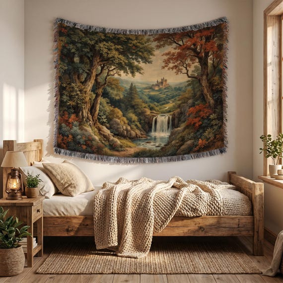 Enchanted Forest Cotton Woven Blanket: Verdure Tapestry Throw, Medieval Castle Wall Hanging