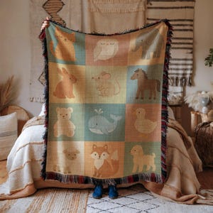 Cotton Woven Baby Blanket, Baby Nursery Blanket, Farmhouse Throw Blanket, Kids Room Decor, Nursery Animal Tapestry, Picnic Blanket, Soft Rug