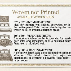 May include: A white informational sign with gold borders titled Woven not Printed. It lists three available sizes: 37 inches by 52 inches, 50 inches by 60 inches, and 60 inches by 80 inches, each accompanied by a small illustration of a bed.