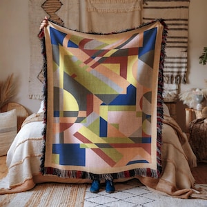 Geometric Woven Cotton Throw Blanket: Modern Art Tapestry