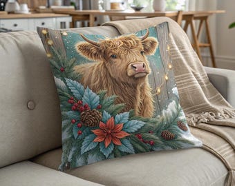 Highland Cow Christmas Pillow: Farmhouse Winter Floral Decor