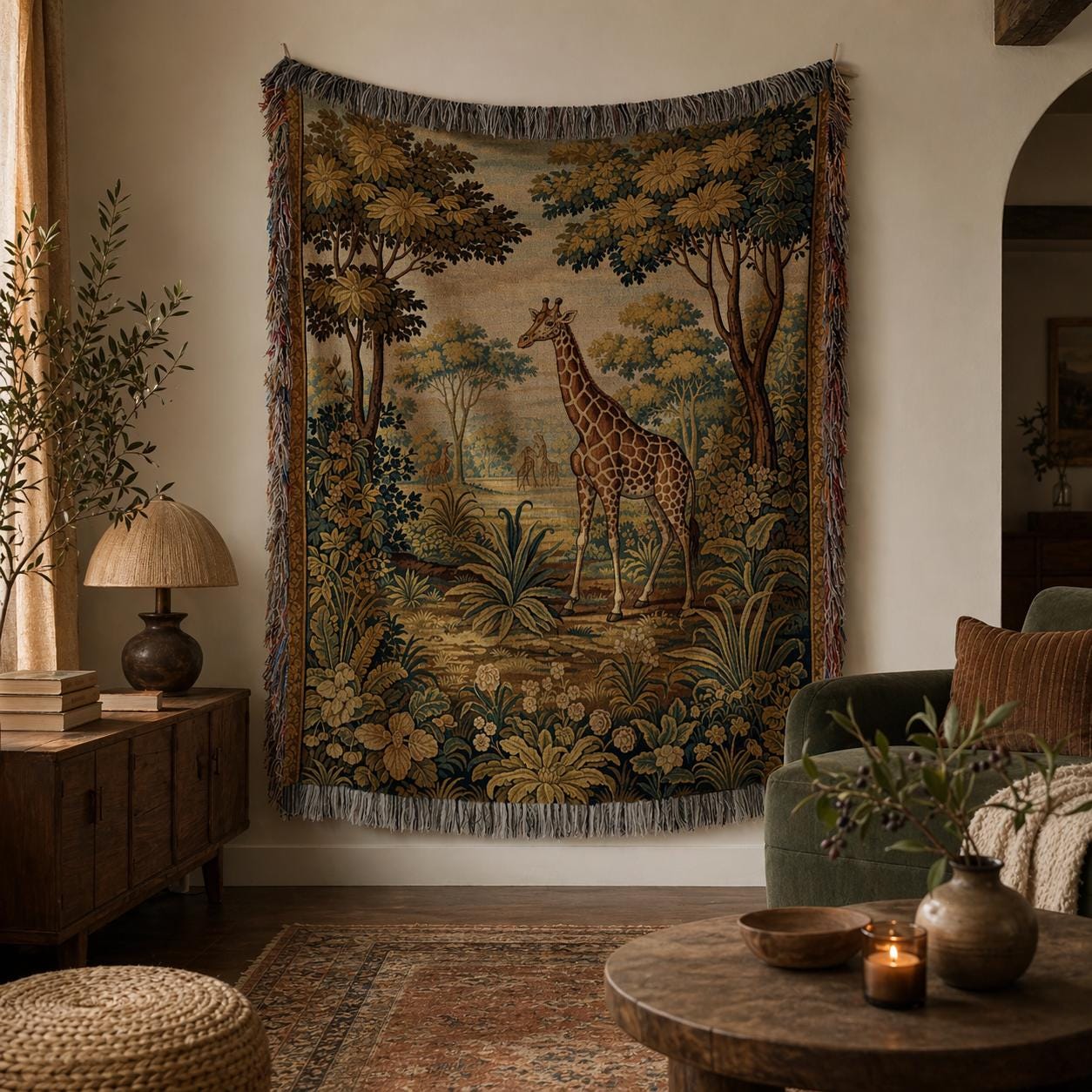 その他 USED HANDMADE BLANKET Giraffe Woven Blanket | Whimsical Forest Cottagecore Tapestry
