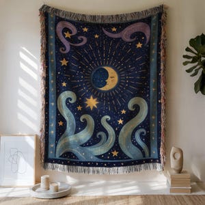Celestial Moon Woven Blanket: Cotton Jacquard Throw, Boho Bedspread