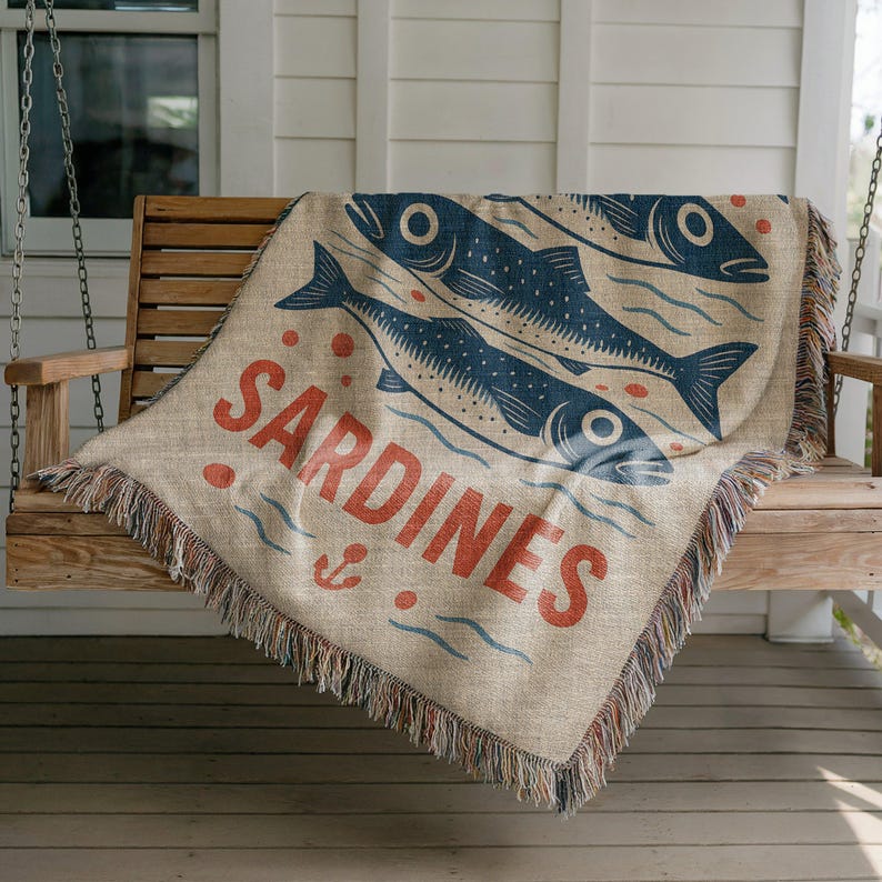 Sardines throw blanket with rustic nautical print, cozy fish themed woven blanket, seaside decor blanket for home and patio