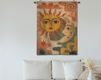 Celestial Woven Tapestry, Sun and Moon Art, Boho Home Decor