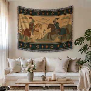 Medieval Knights Woven Blanket, Renaissance Tapestry, Equestrian Decor, Fantasy Blanket, Gift for History Buff, Living Room Wall Hanging