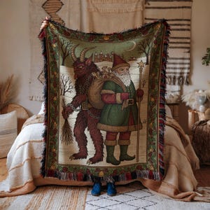 Vintage Santa and Krampus Throw Blanket, Christmas Holiday Decor, Tapestry Blanket, Unique Christmas Gift, Cozy Winter Throw