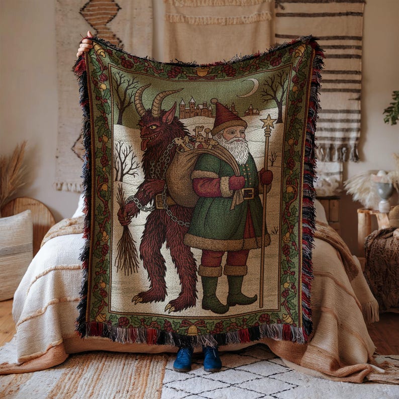 Vintage Santa and Krampus Throw Blanket, Christmas Holiday Decor, Tapestry Blanket, Unique Christmas Gift, Cozy Winter Throw