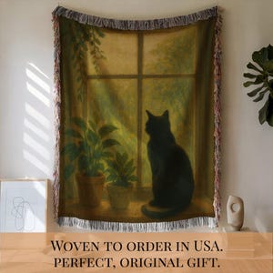 Black Cat Woven Blanket: Cottagecore Window View Throw (USA Made)