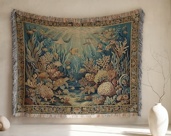 Undersea Woven Cotton Blanket, Vintage Ocean Tapestry