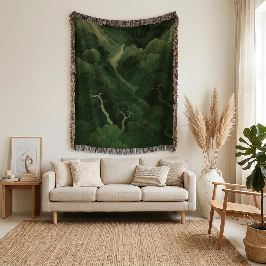 Dark Forest Woven Tapestry, Green Botanical Wall Art Blanket