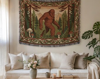 Geweven deken met Bigfoot-motief, Sasquatch-jacquardwandtapijt, cryptozoologiecadeau, decoratie voor een blokhut