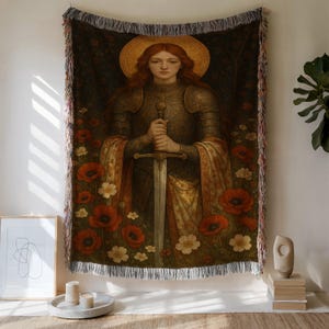Medieval Joan of Arc Woven Blanket: Gothic Tapestry Throw