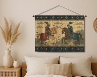Jousting Knights Woven Tapestry: Medieval Equestrian Wall Art