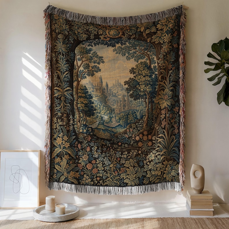 Vintage Tapestry Wall Hanging, Bohemian Decor, Artistic Textile Art, Medieval Castle Scene, Large Wall Art, Unique Home Decor